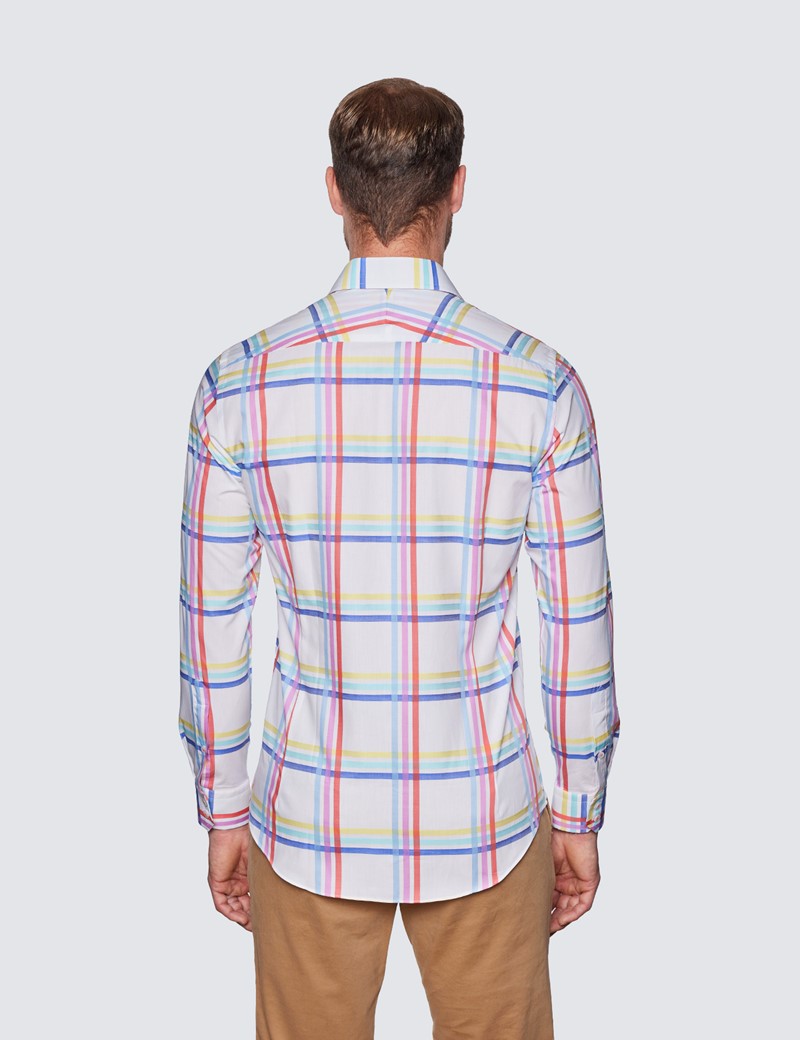Men's Curtis White & Yellow Large Check Relaxed Slim Fit Shirt - Low Collar