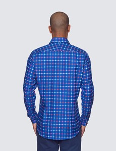 Curtis Blue & Red Self Check Relaxed Slim Fit Shirt - Low Collar