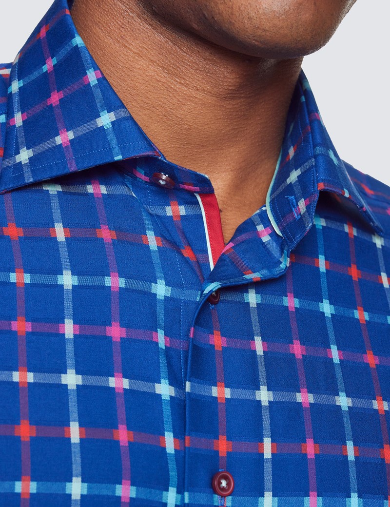 Curtis Blue & Red Self Check Relaxed Slim Fit Shirt - Low Collar