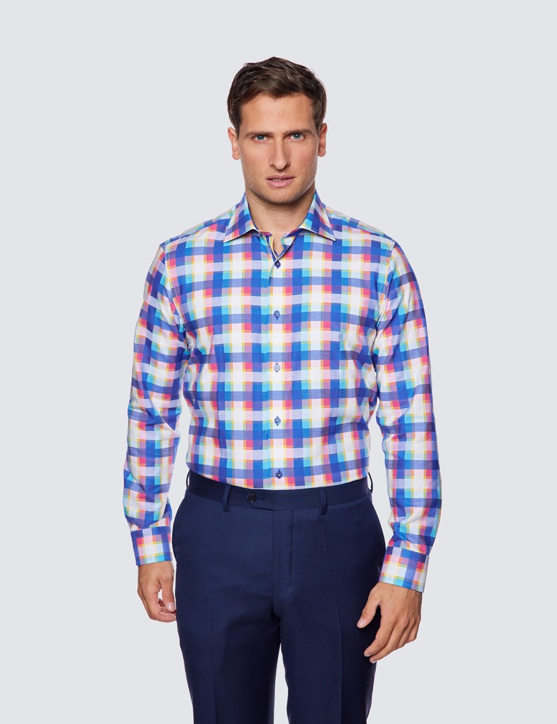Curtis Blue & Orange Multi Check Relaxed Slim Fit Shirt - Low Collar
