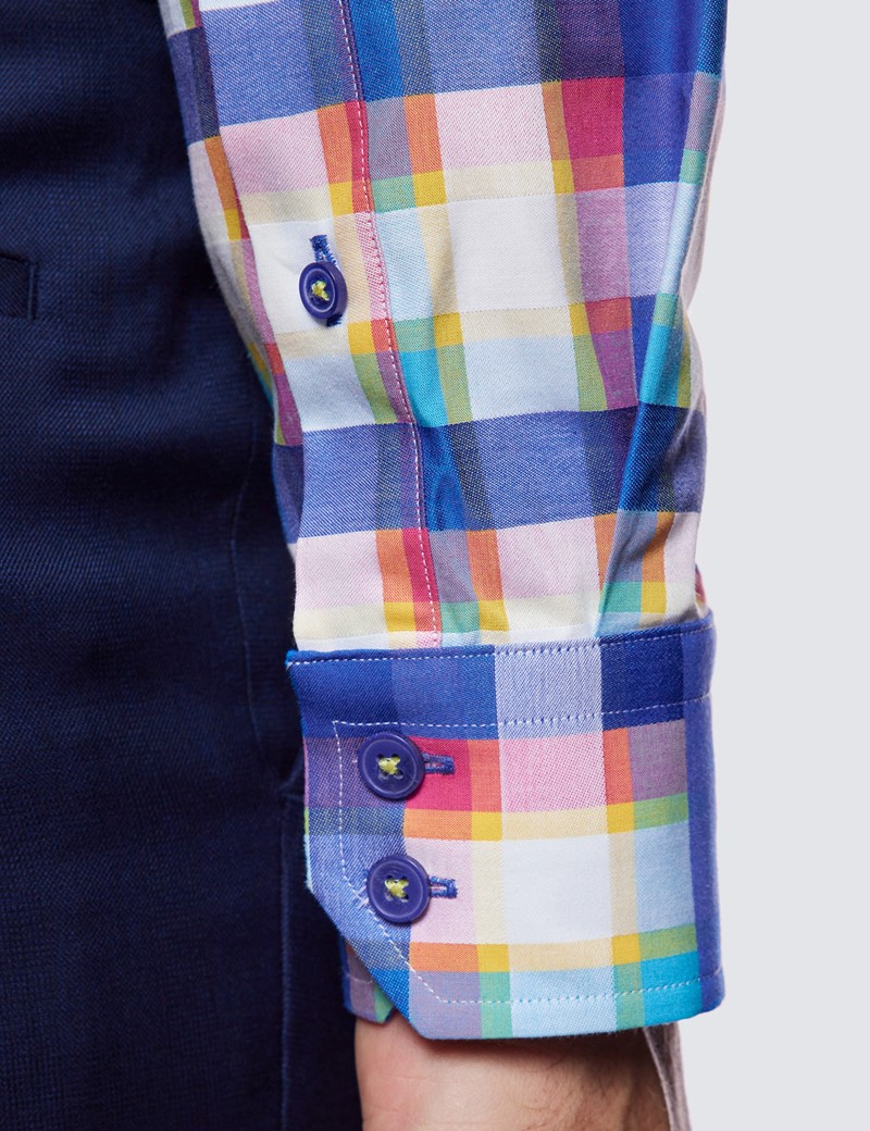 Curtis Blue & Orange Multi Check Relaxed Slim Fit Shirt - Low Collar