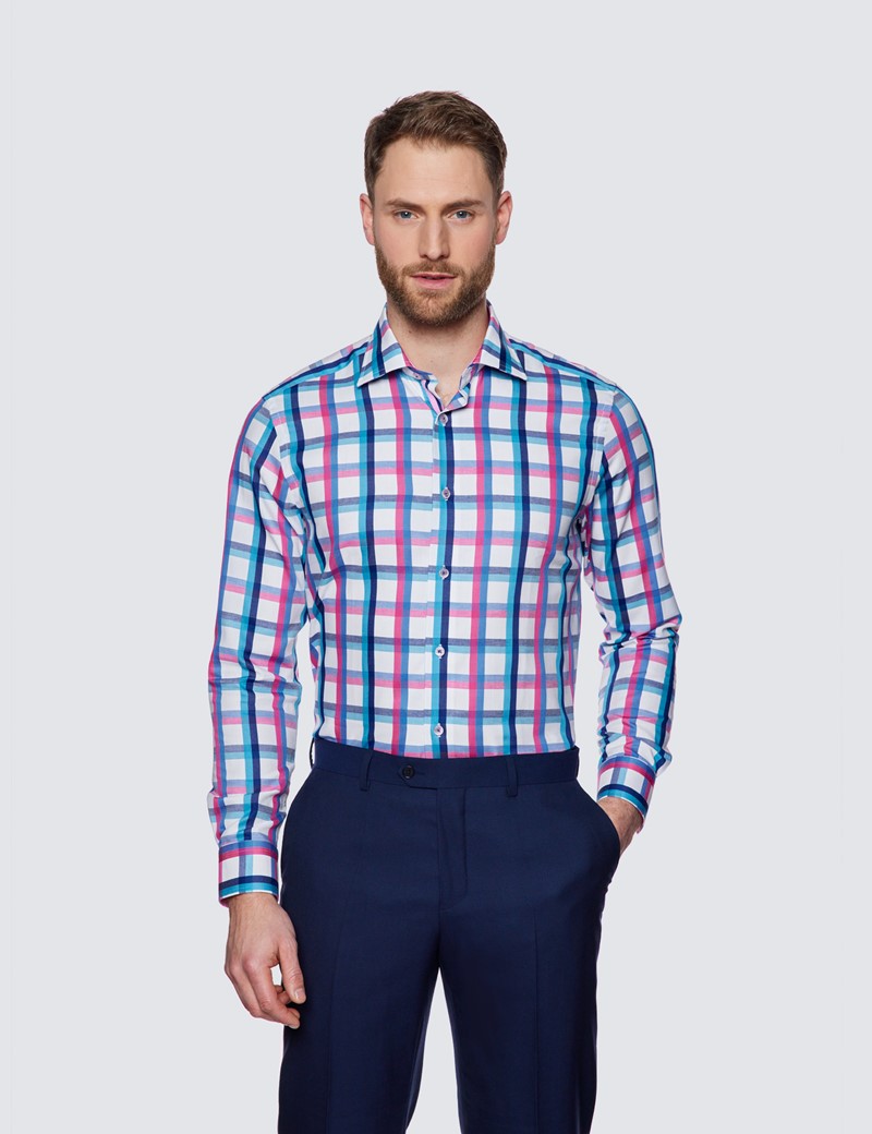 Curtis White & Blue Medium Check Relaxed Slim Fit Shirt - Low Collar