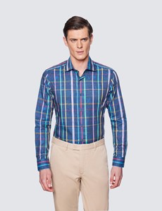 Curtis Blue & Pink Multi Check Relaxed Slim Fit Shirt - Low Collar