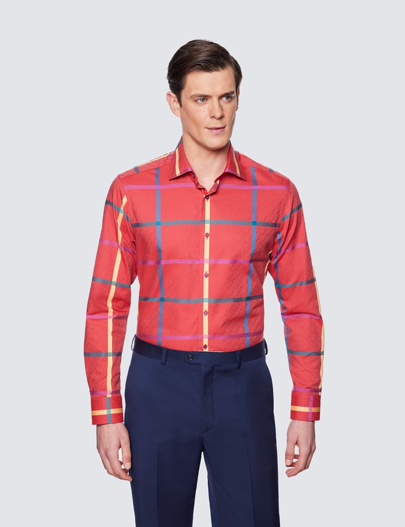 Curtis Red & Yellow Large Check Relaxed Slim Fit Shirt - Low Collar