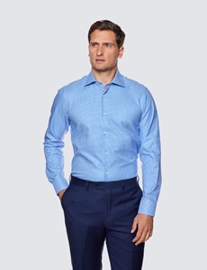 Curtis Blue & White Small Check Relaxed Slim Fit Shirt - Low Collar