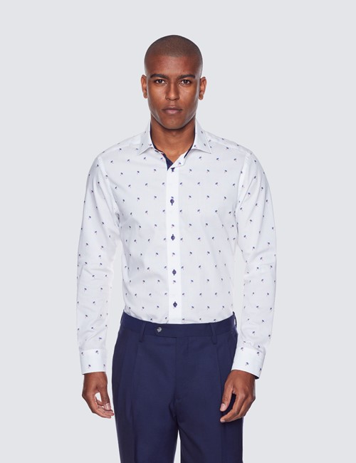 Limited Edition Mens Smart Fit White with Navy Double Collar Cotton Shirt 
