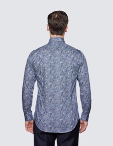 Men's Curtis Blue & Navy Floral Relaxed Slim Fit Shirt - Low Collar