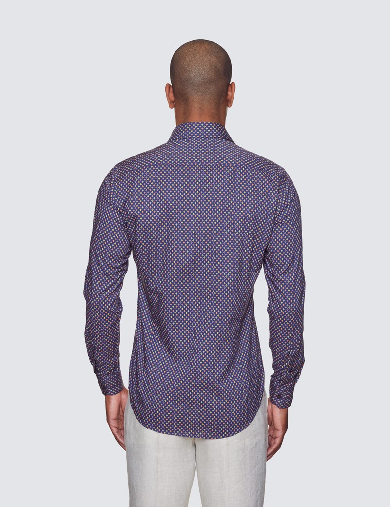 Curtis Navy & Yellow Geometric Print Relaxed Slim Fit Shirt - Low Collar