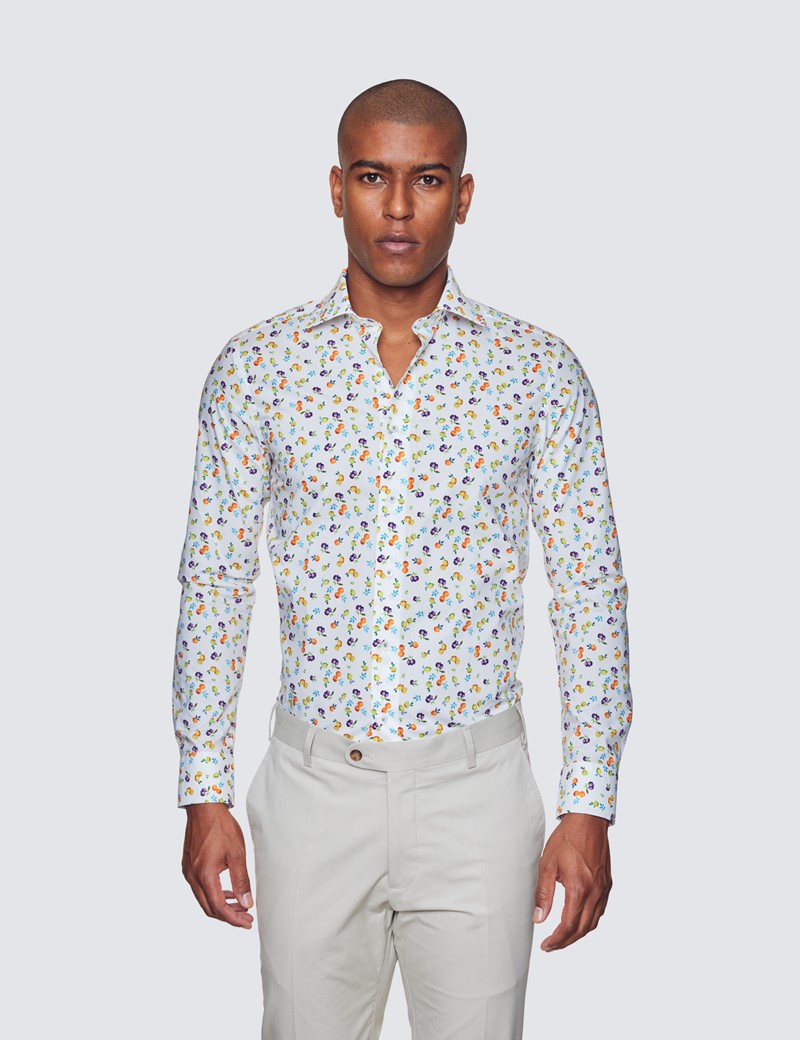 Curtis White & Orange Fruit Scatter Print Relaxed Slim Fit Shirt - Low Collar