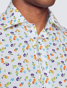 Curtis White & Orange Fruit Scatter Print Relaxed Slim Fit Shirt - Low Collar