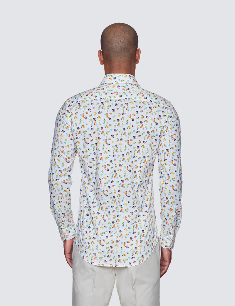 Curtis White & Orange Fruit Scatter Print Relaxed Slim Fit Shirt - Low Collar