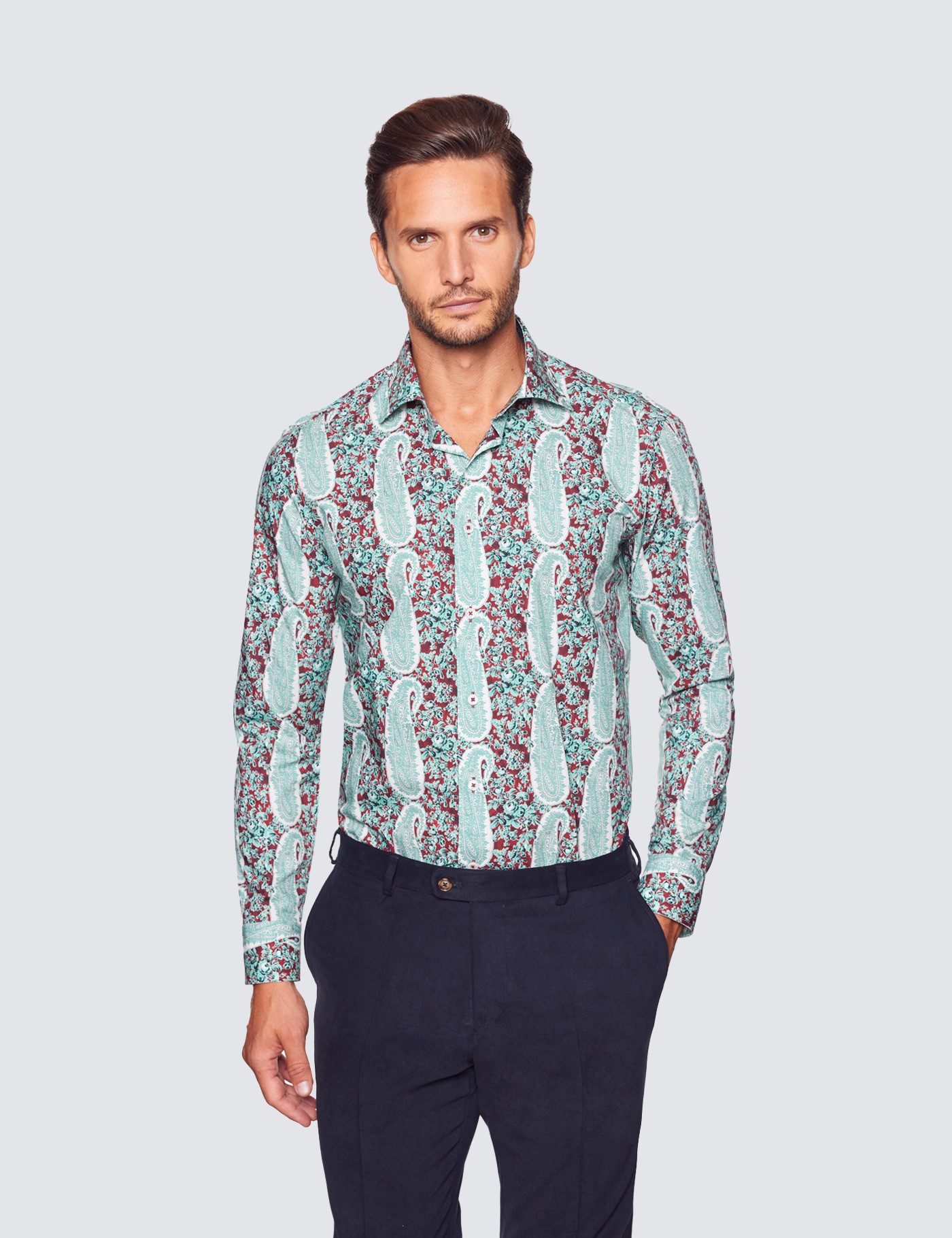 Men's Curtis Teal & Red Paisley Relaxed Slim Fit Shirt - Low Collar ...