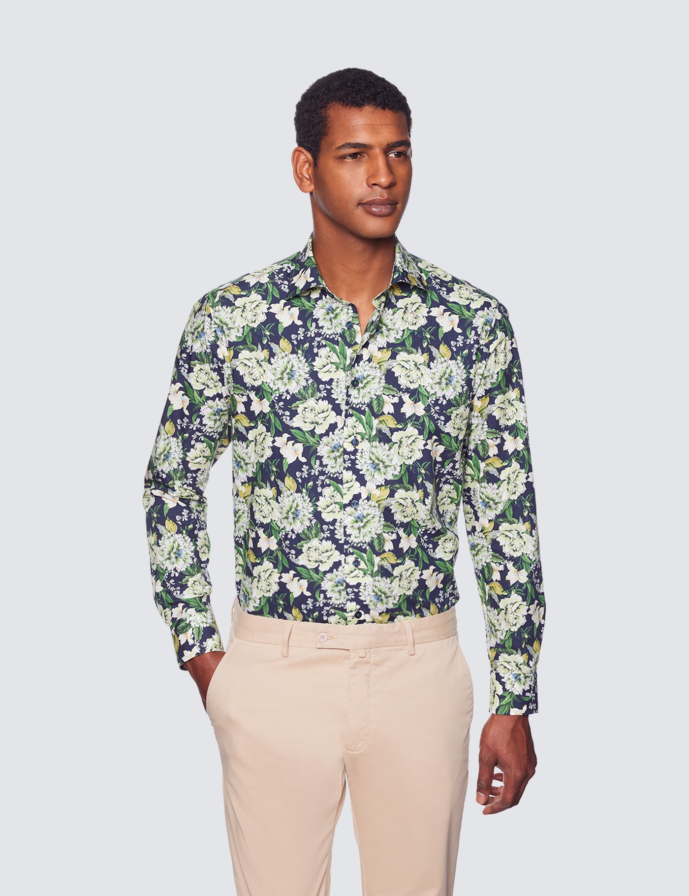 Men's Casual Navy & Green Floral Slim Shirt