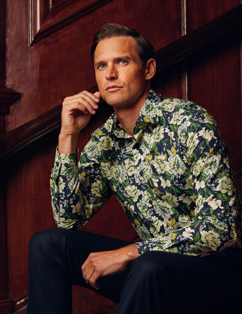 Navy Green Floral Slim Shirt