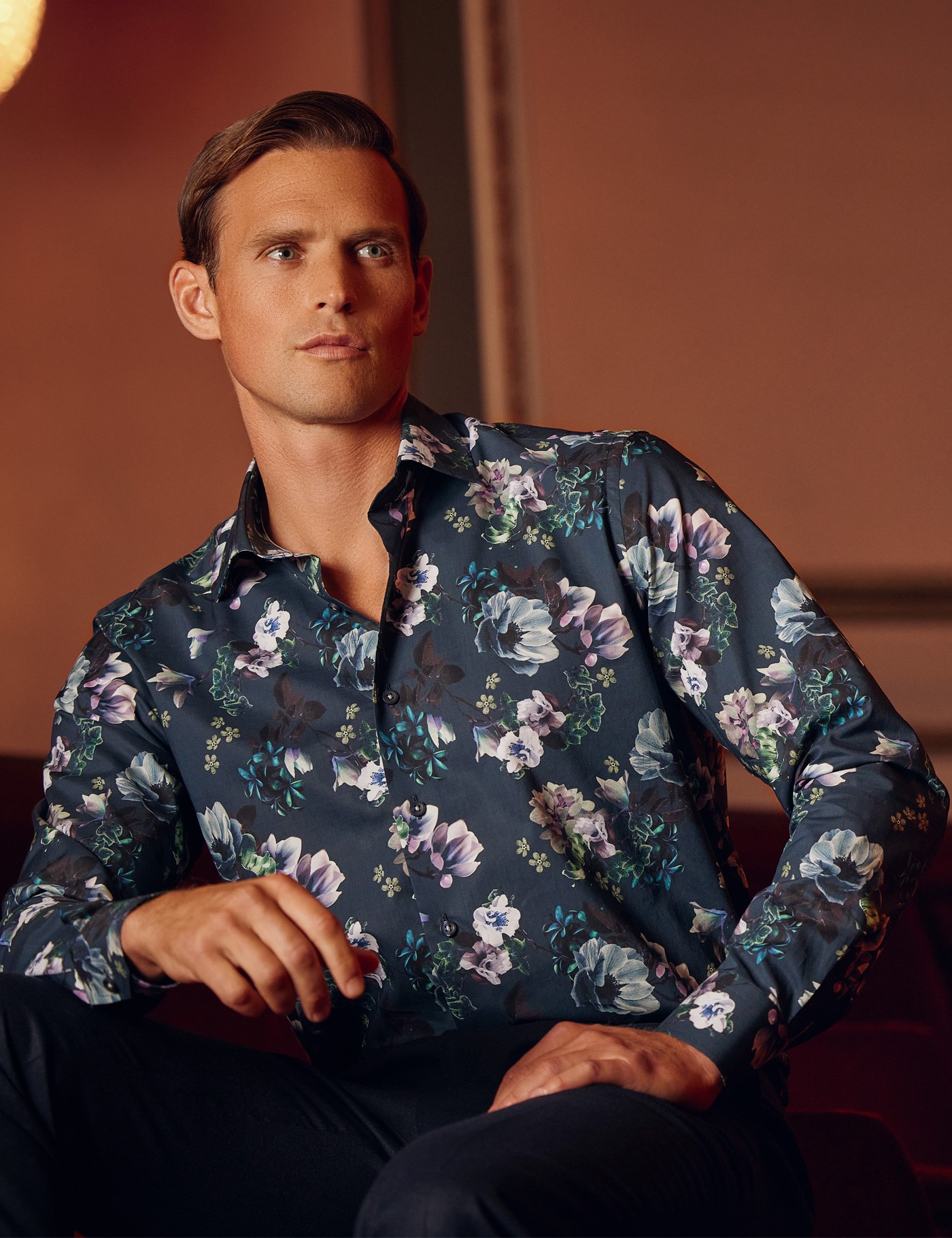Men's Curtis Blue & Green Midnight Floral Print Relaxed Slim Fit Shirt ...
