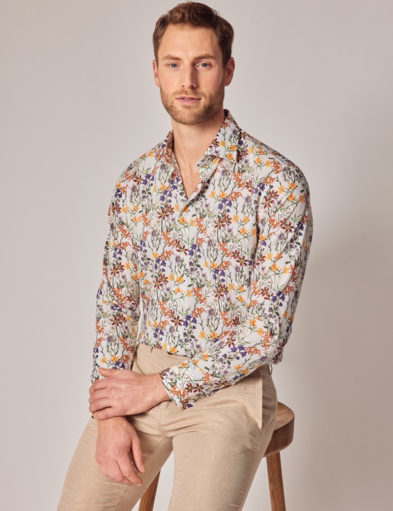 Men's White & Green Floral Slim Shirt