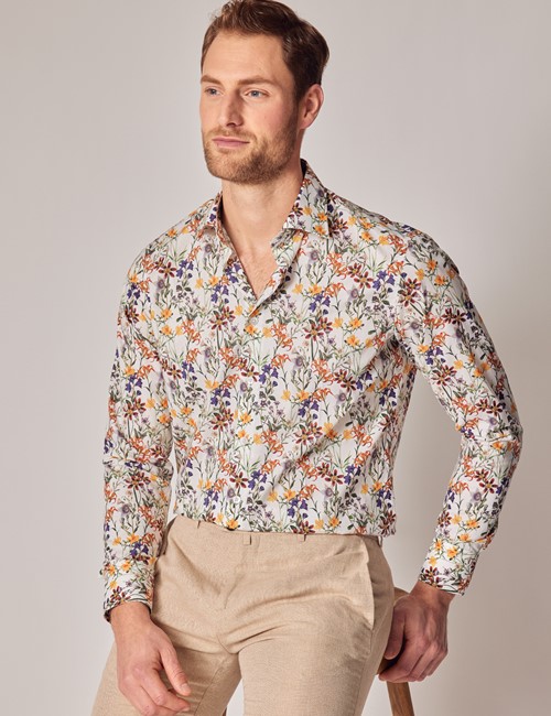 Casual White & Green Floral Slim Shirt 