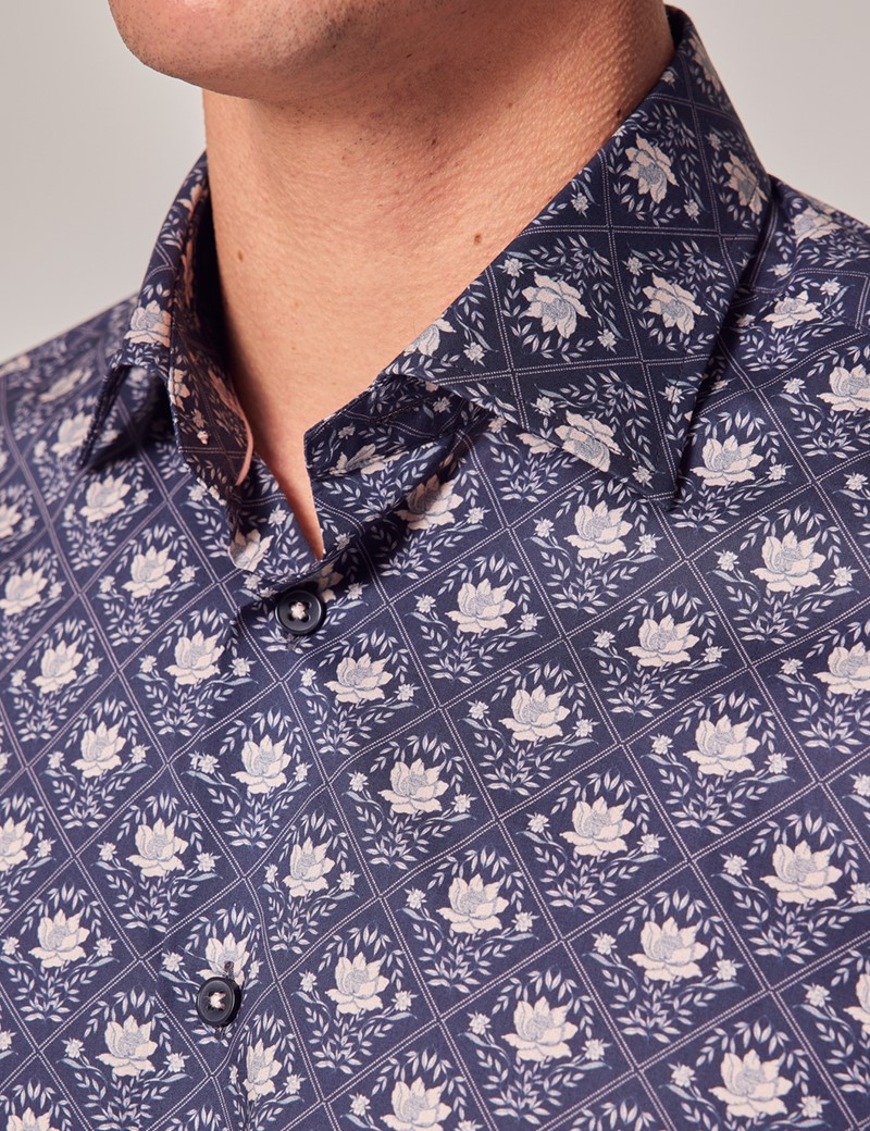 Navy & Cream Floral Slim Shirt