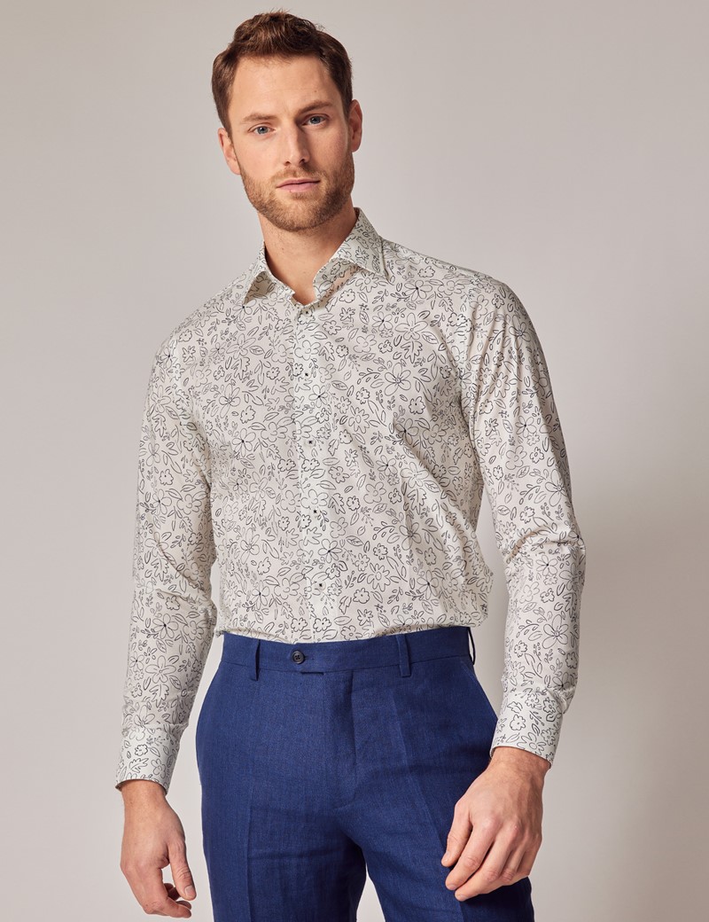 Men's White & Navy Floral Slim Shirt