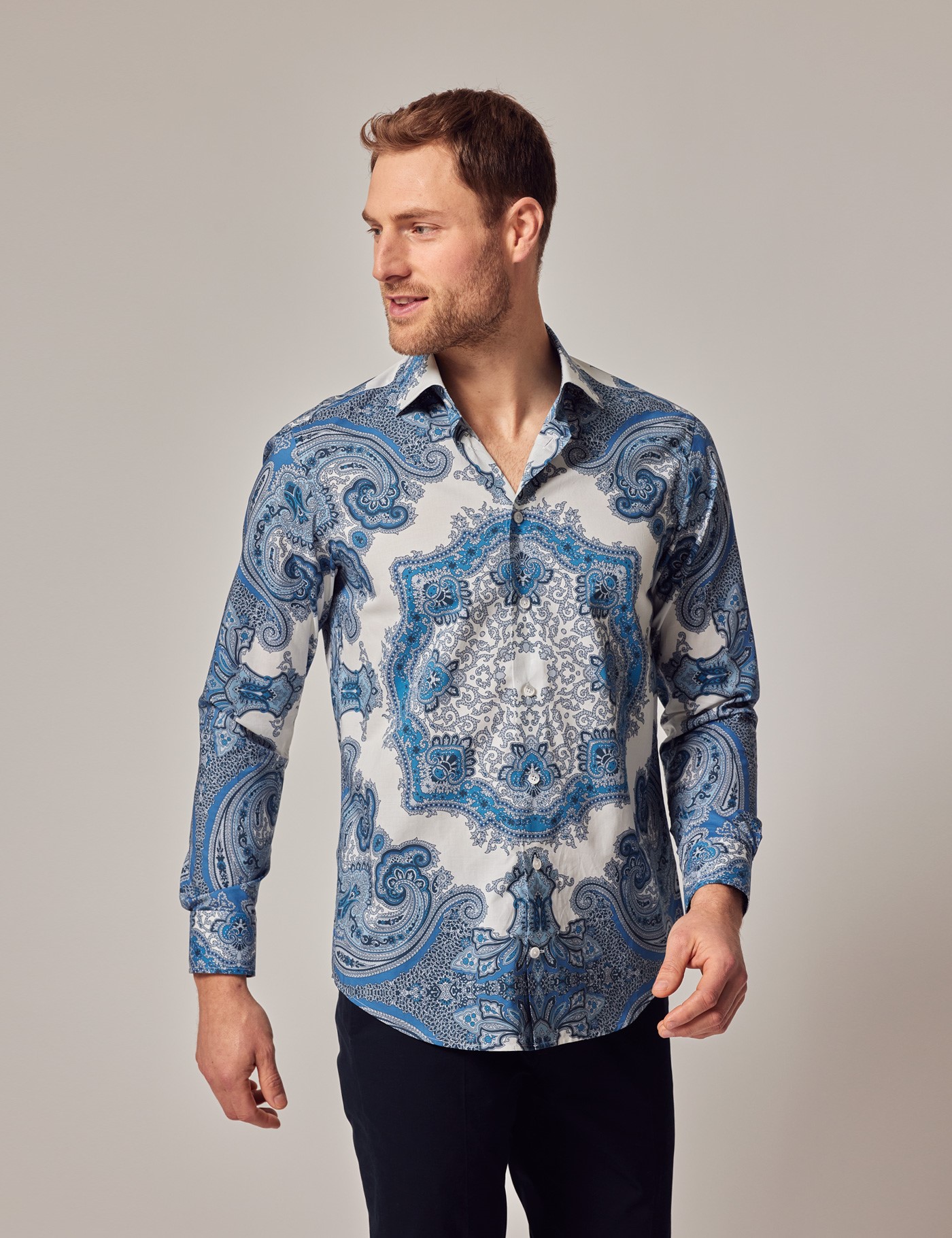 Men's White & Blue Paisley Slim Shirt