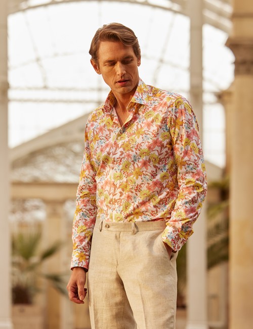 Casual White & Yellow Floral Slim Shirt