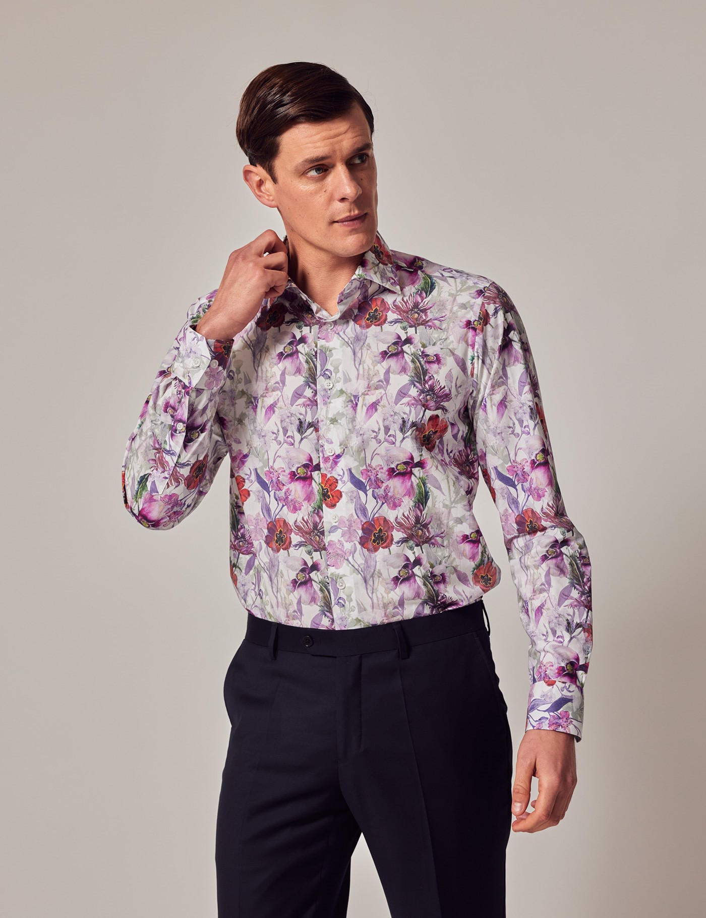 Men's Casual White & Purple Floral Slim Shirt