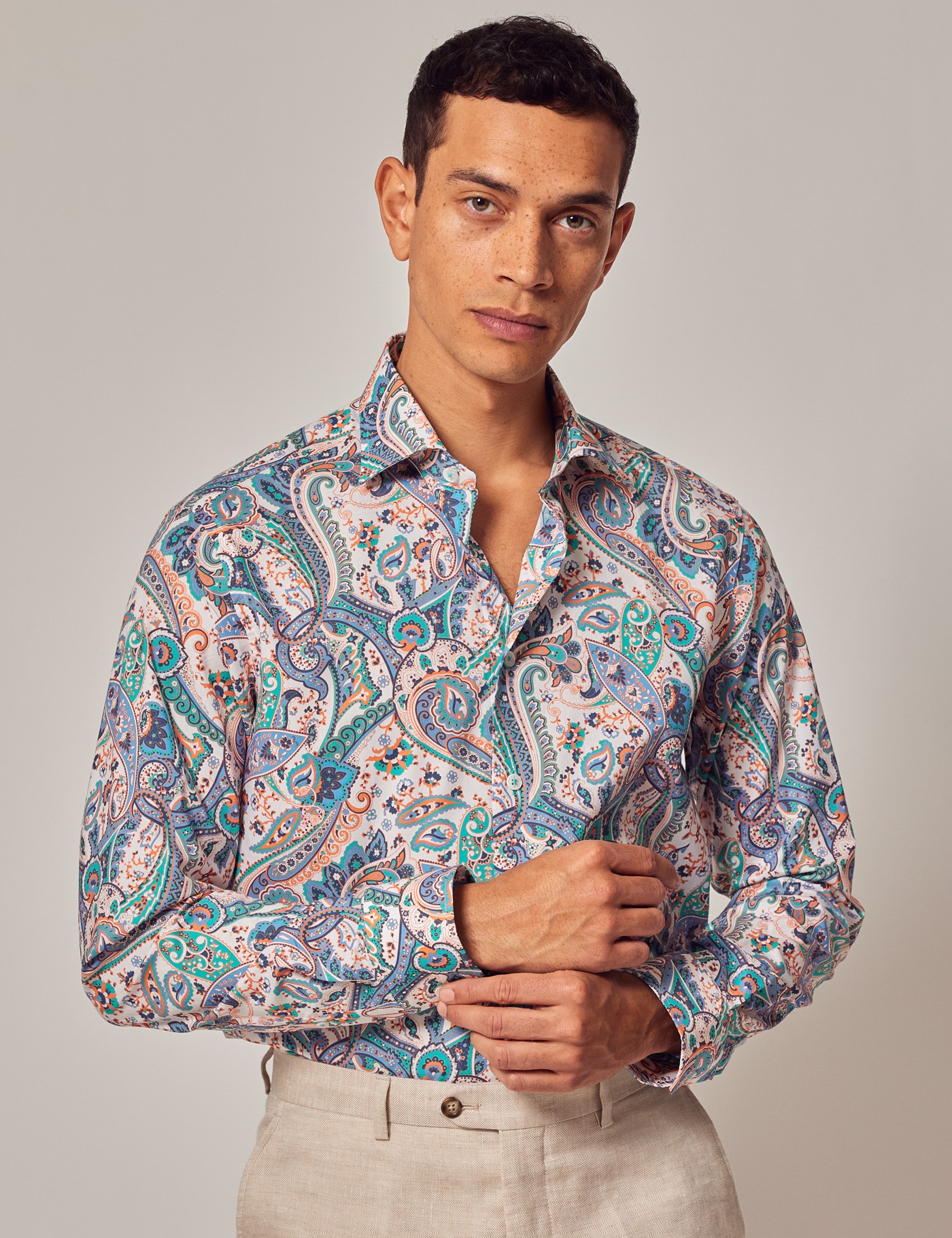 Men's Casual White & Green Paisley Slim Shirt