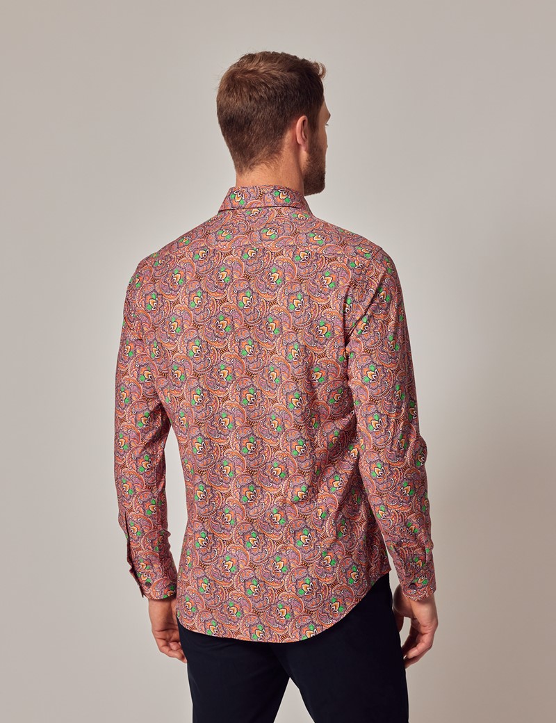 Men's Casual Pink & Orange Paisley Star Slim Shirt