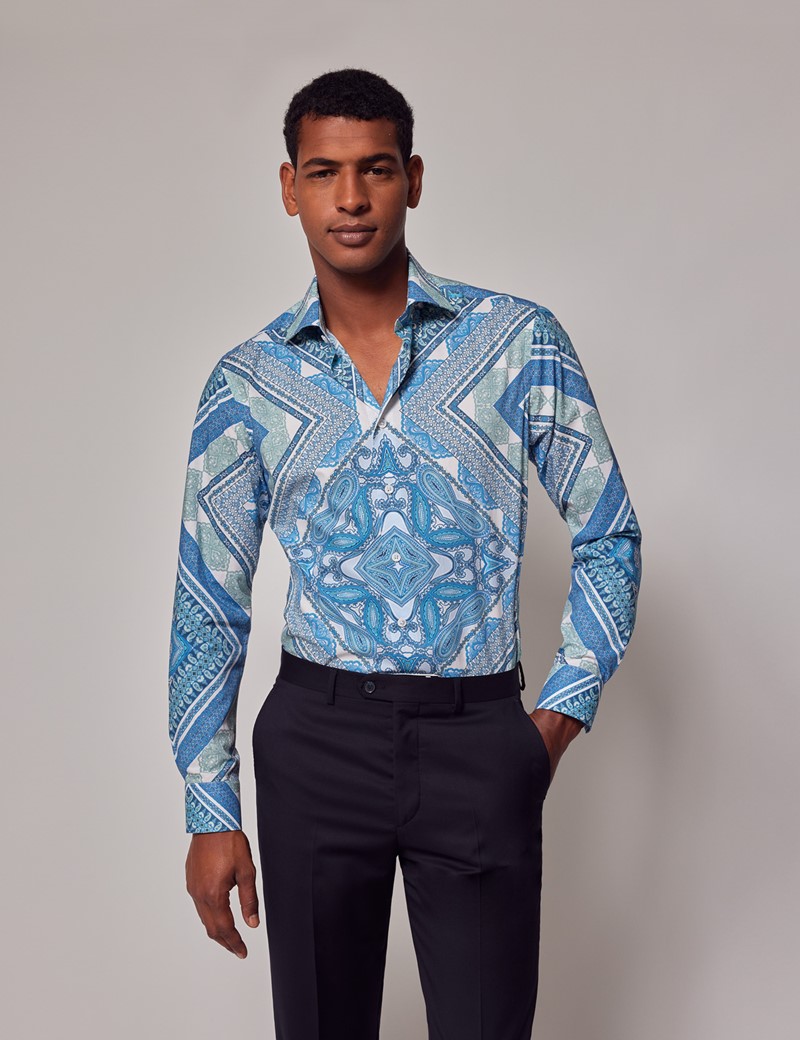 Men's Blue & Green Paisley Slim Shirt