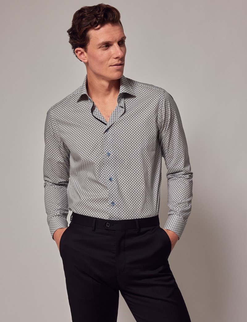 Men's White & Light Blue Geometric Slim Shirt