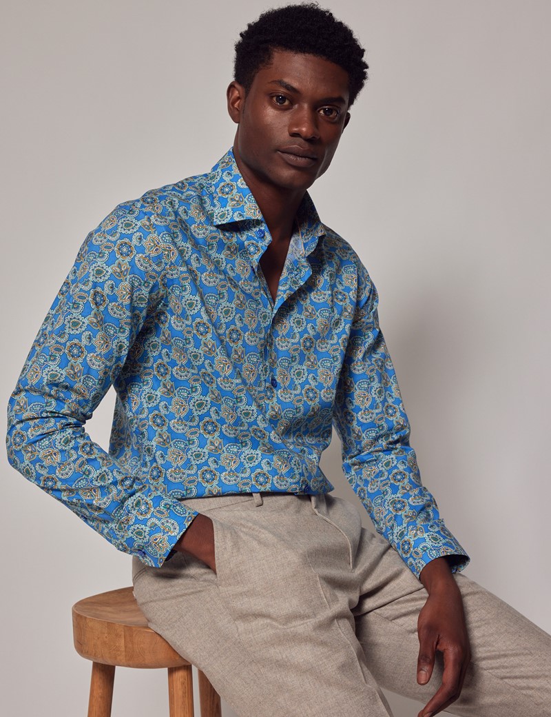 Men's Blue & Yellow Paisley Slim Shirt