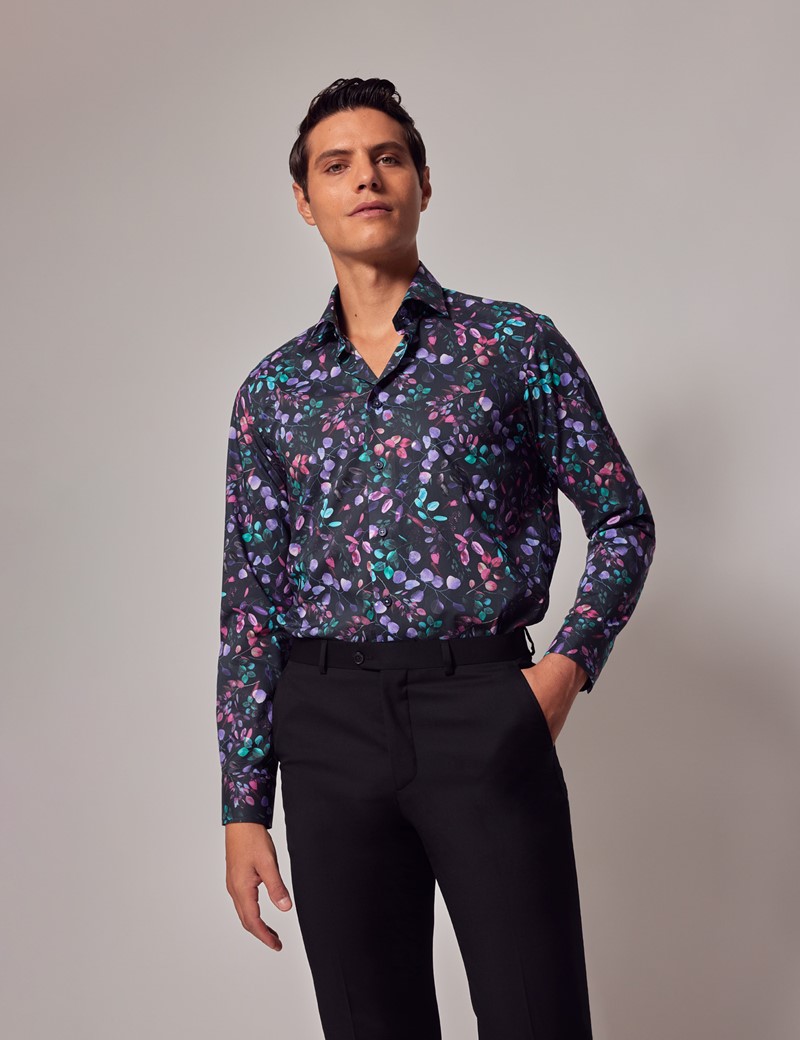 Men's Black & Purple Botanical Leaves Print Slim Shirt