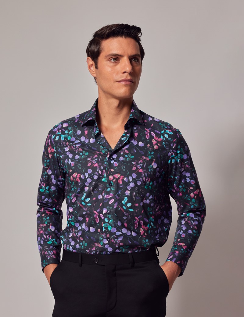 Black & Purple Botanical Leaves Print Slim Shirt