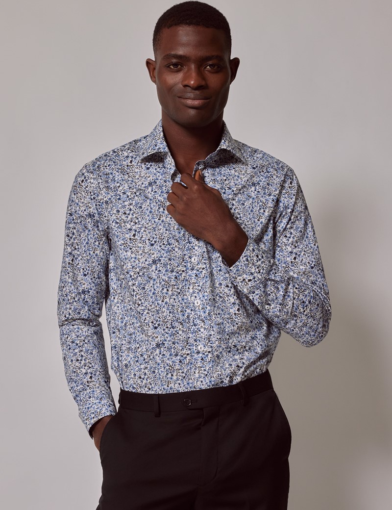 Men's White & Blue Pitsy Floral Slim Shirt