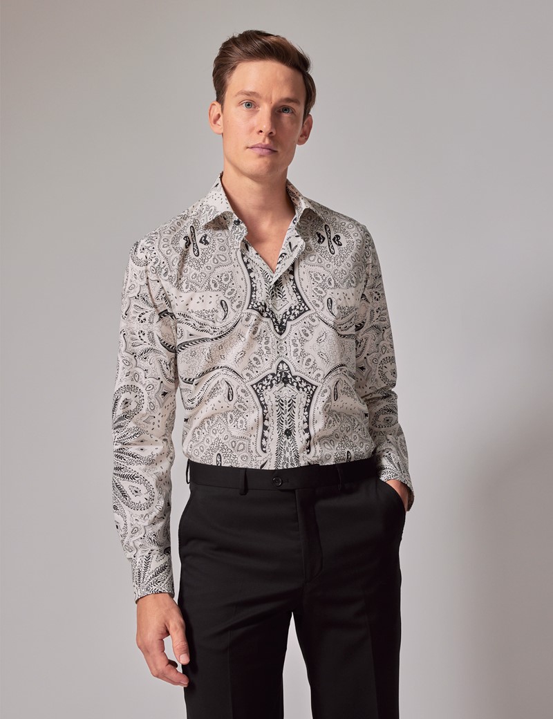 Men's White & Black Dotted Paisley Slim Shirt | Hawes & Curtis