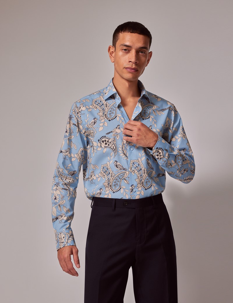 Men's Blue & Cream Bird Print Slim Shirt | Hawes & Curtis