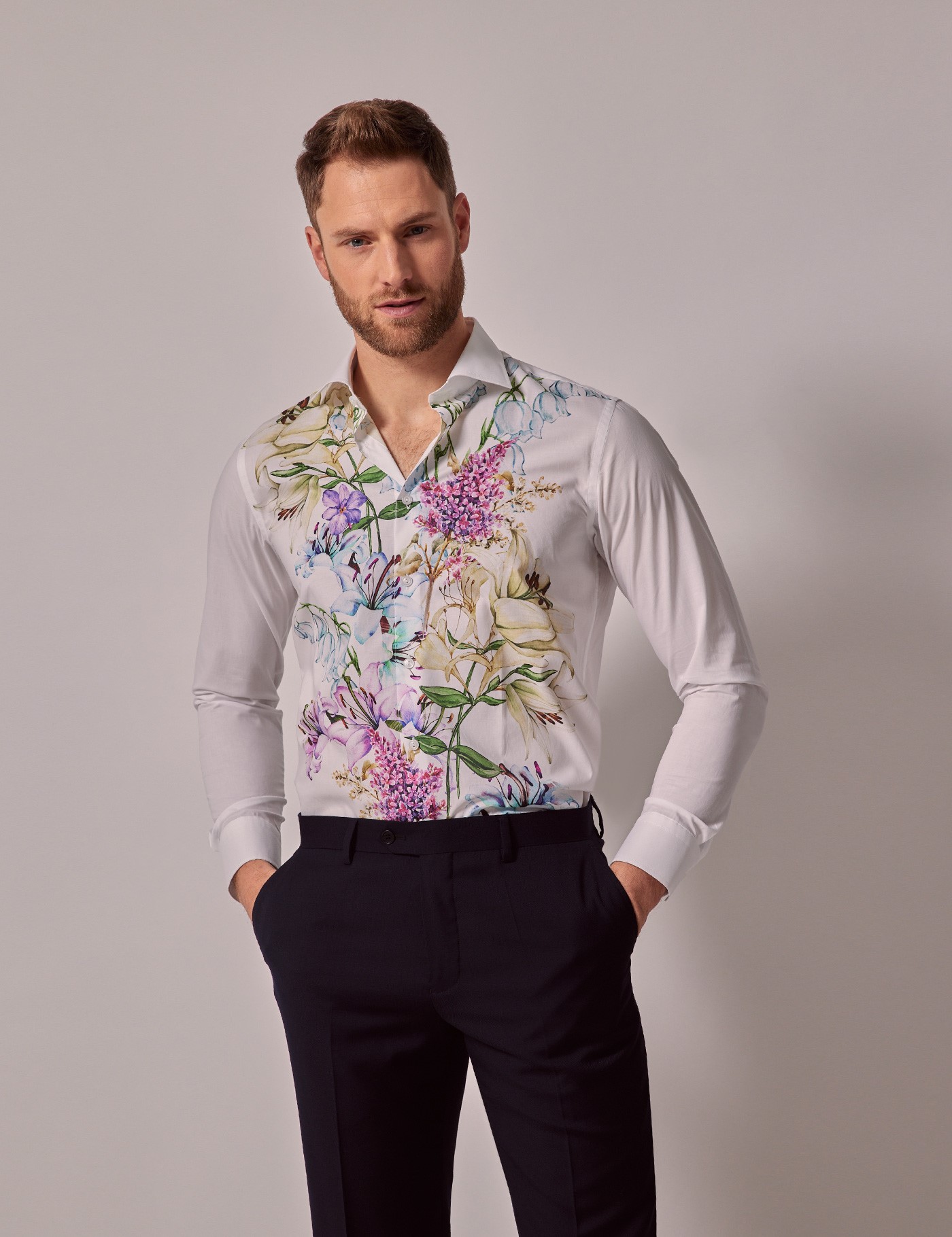Men's White & Purple Floral Slim Shirt | Hawes & Curtis