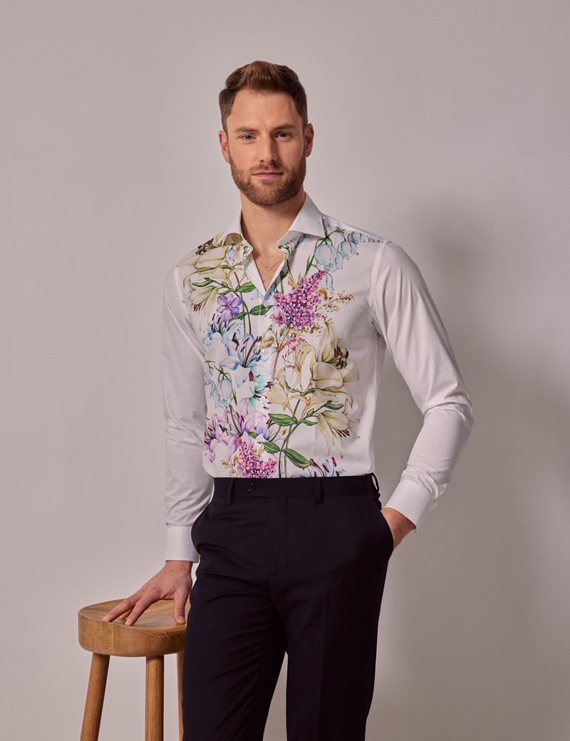 Men's White & Purple Floral Slim Shirt | Hawes & Curtis