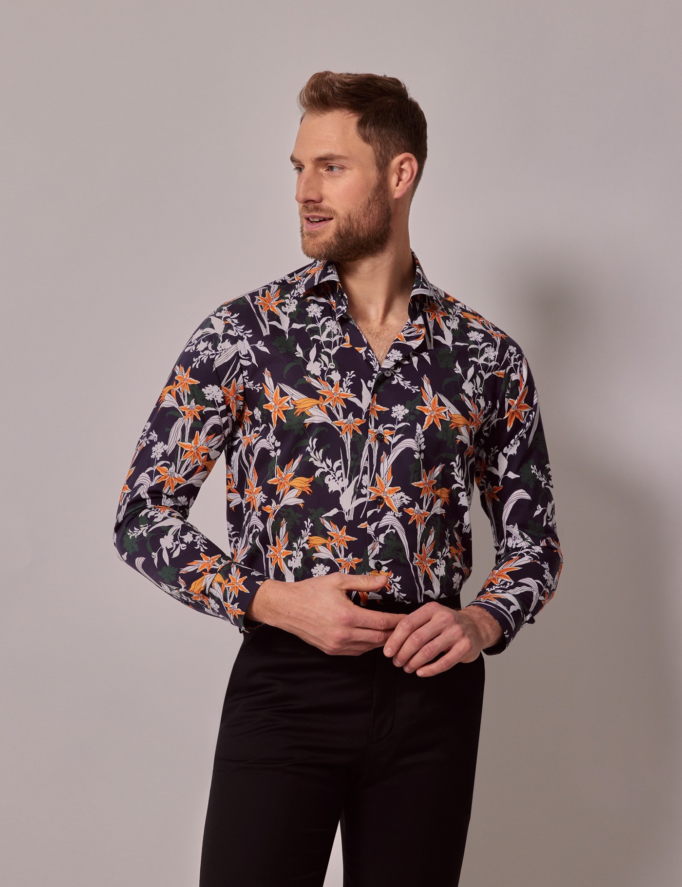 Men's Navy & Orange Exotic Floral Slim Shirt | Hawes & Curtis