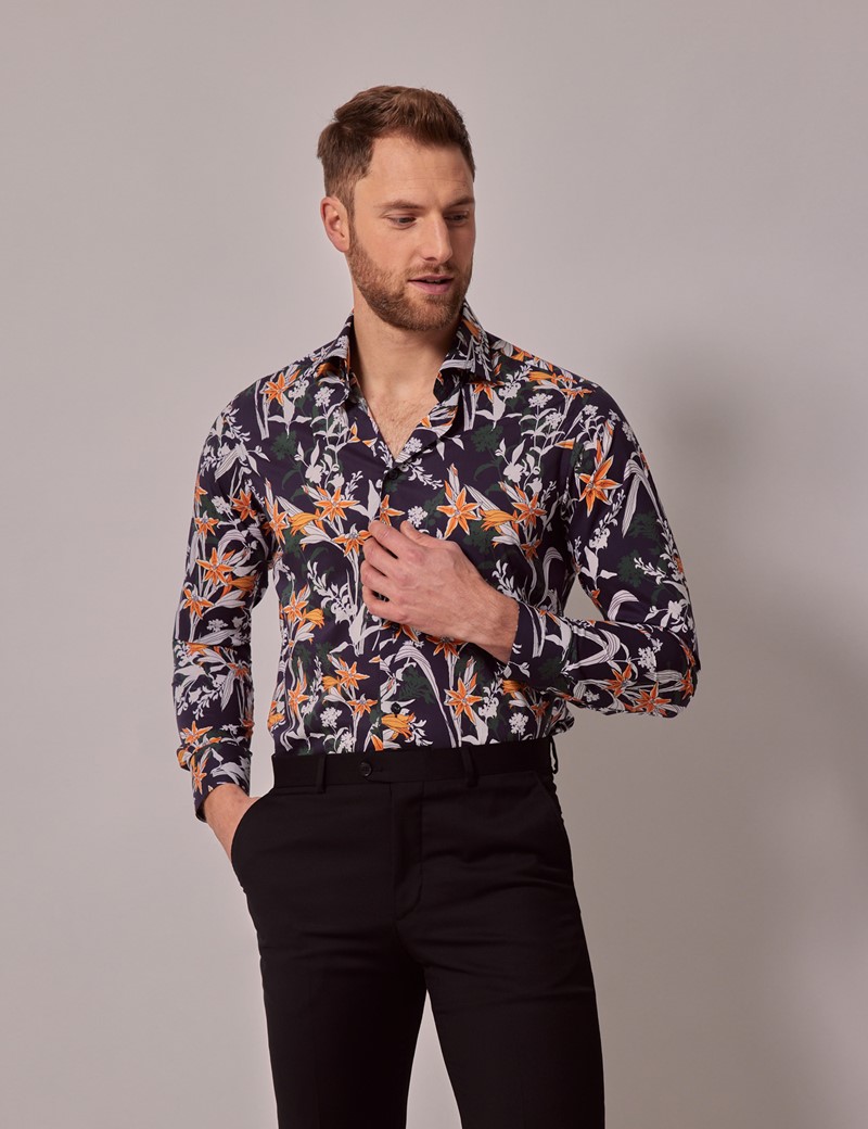 Men's Navy & Orange Exotic Floral Slim Shirt | Hawes & Curtis
