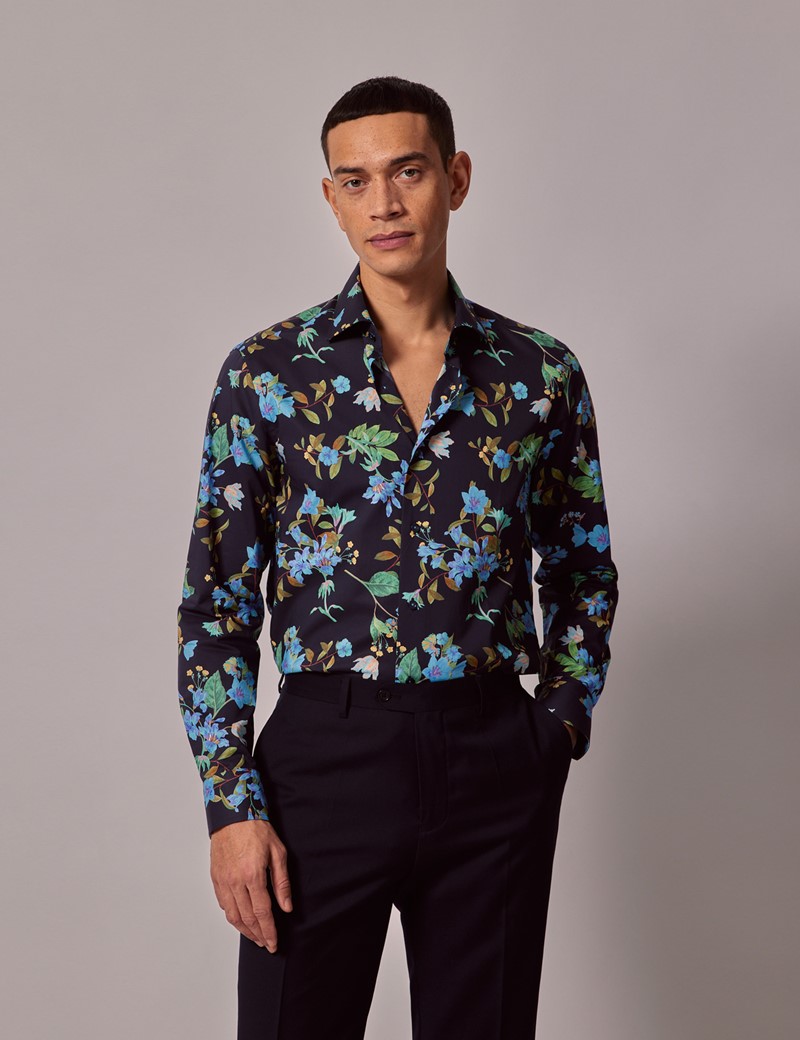 Men's Navy & Green Floral Slim Shirt | Hawes & Curtis