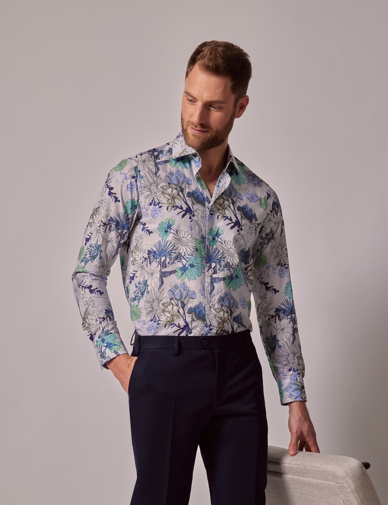 Men's White & Blue Wild Floral Slim Shirt | Hawes & Curtis