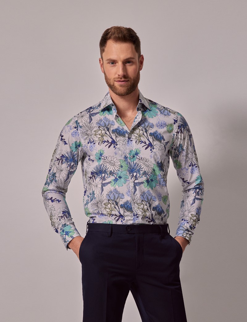 White & Blue Wild Floral Slim Shirt