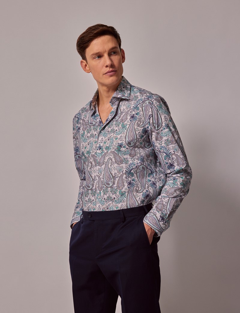 Men's White & Green Paisley Slim Shirt | Hawes & Curtis