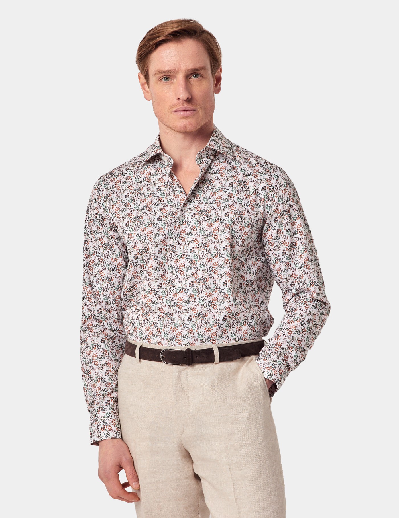 Hawes & Curtis Slim Fit White & Brown Ditsy Leaves Curtis Shirt Size: XXL