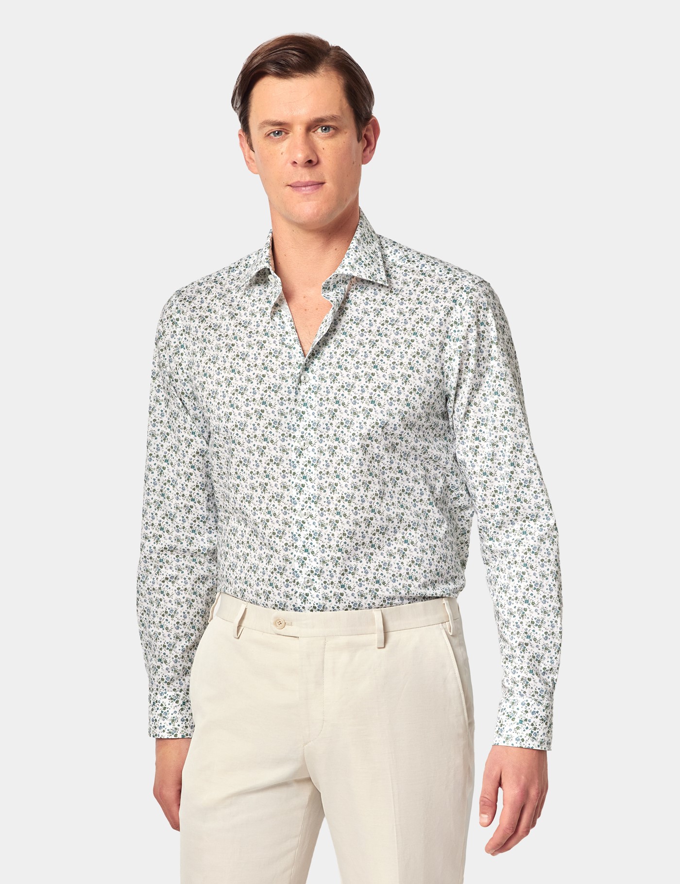 Hawes & Curtis Slim Fit Green & White Ditsy Floral Curtis Shirt Size: Large | Long