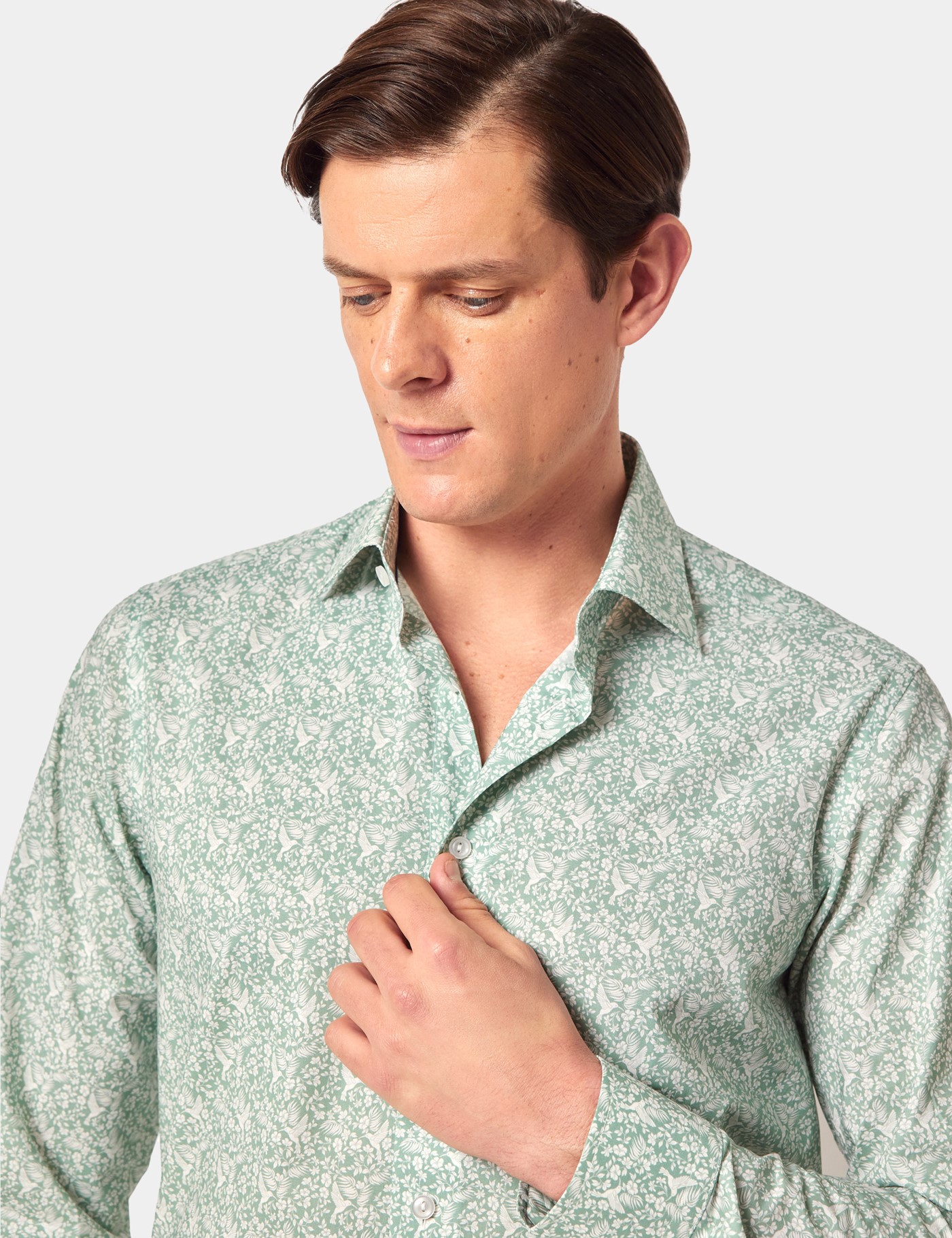 Hawes & Curtis Slim Fit Green & White Mini Bird Curtis Shirt Size: XXL image 3
