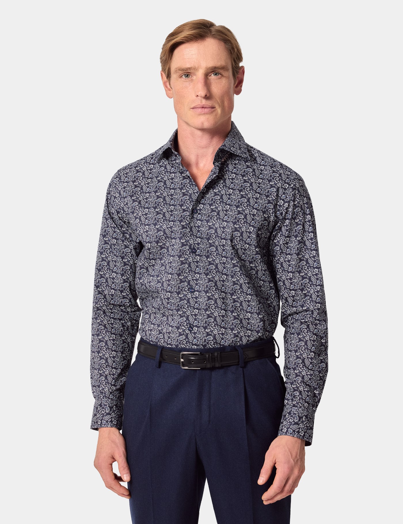 Hawes & Curtis Slim Fit Navy & White Floral Curtis Shirt Size: XXXL