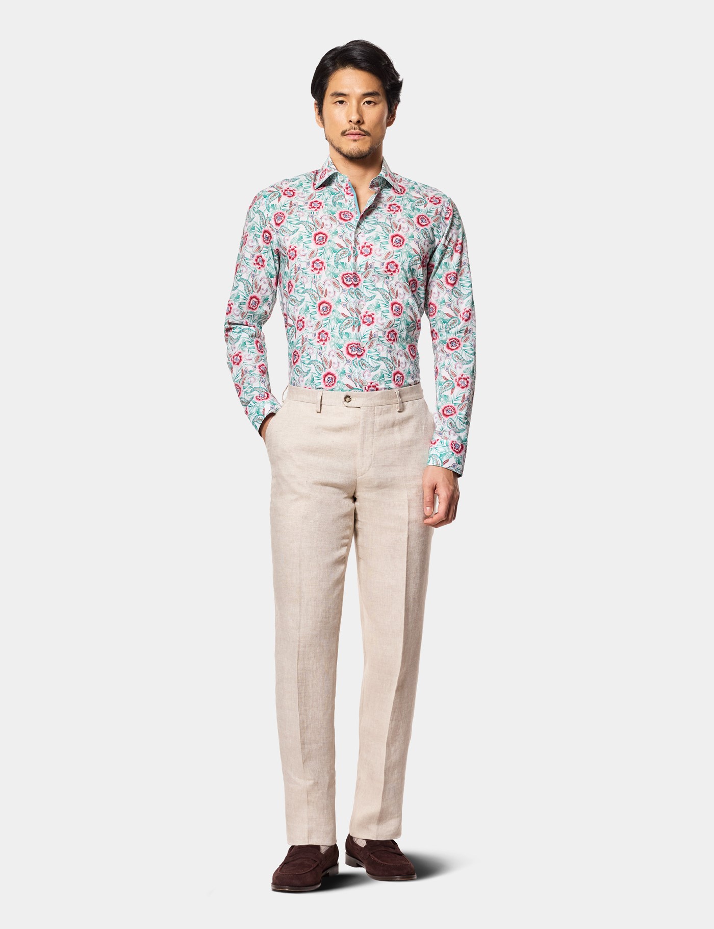 Hawes & Curtis Slim Fit White & Green Floral Curtis Shirt Size: Medium | Long image 2