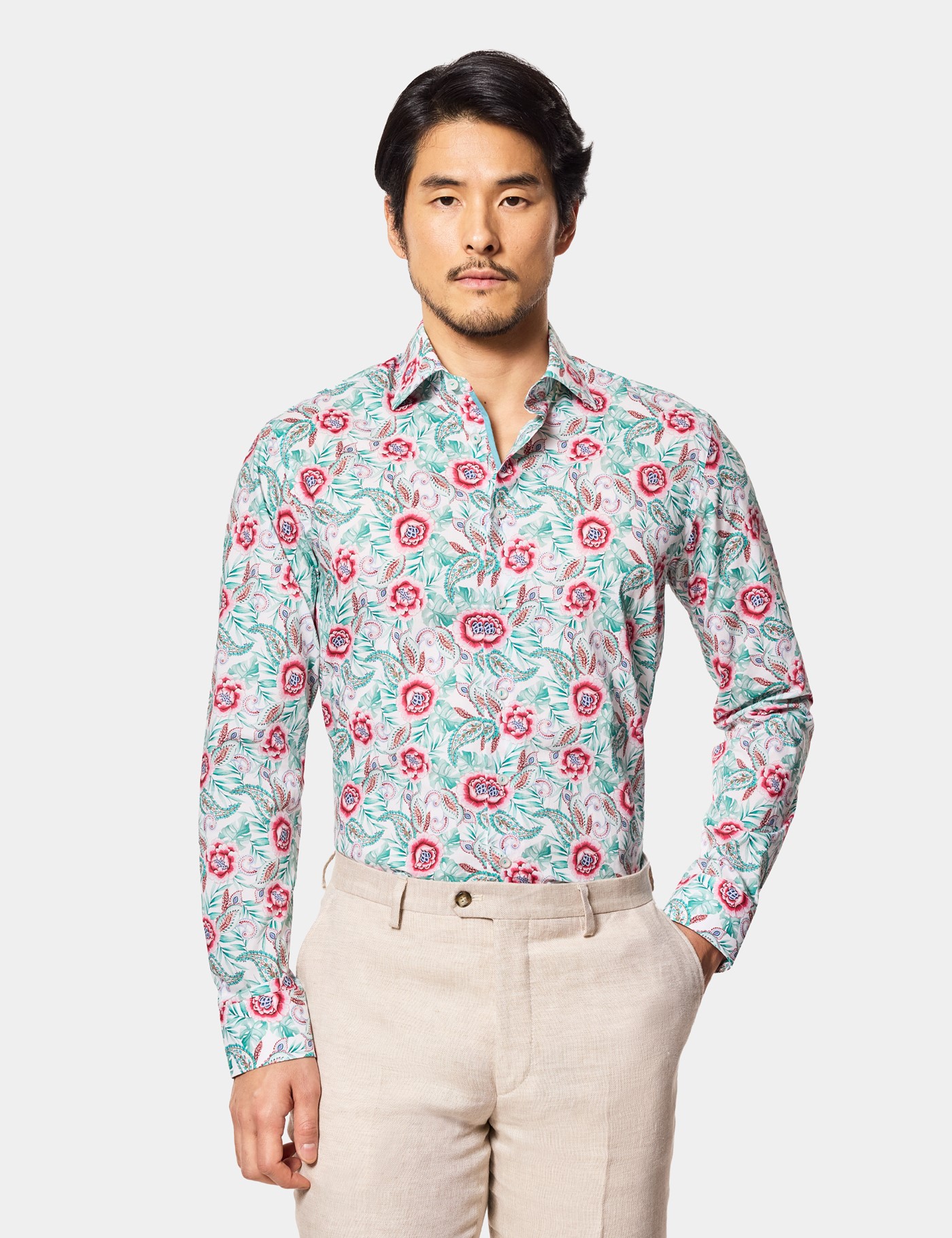 Hawes & Curtis Slim Fit White & Green Floral Curtis Shirt Size: XL